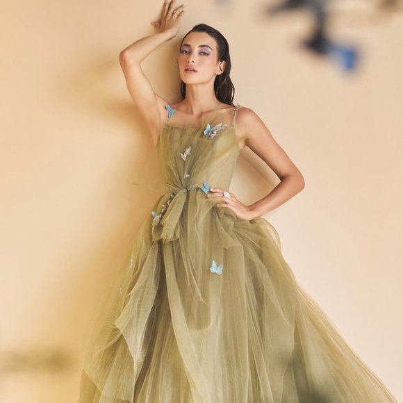 NEW A-LINE DANCING FLOOR LENGTH BUTTERFLIES PLISSE BALL GOWN WITH STRAPS A1113 - Picture 1 of 8